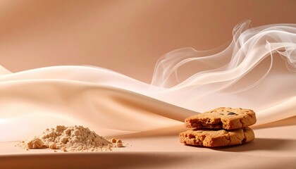 Two Oatmeal Cookies with Powder on Beige Fabric