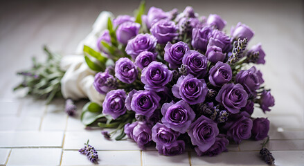 Beautiful bouquet of purple roses and lavender. Mystical violet rose arrangement on white tiles. Fragrant purple flowers. Close up of vibrant lavender rose bouquet.