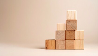 Wooden Blocks Ascending Staircase on Beige Background