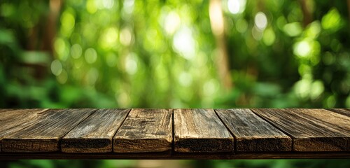 Rustic wooden table top against a blurred green forest backdrop