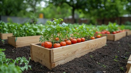 Ripe red tomatoes growing in a raised wooden garden bed.