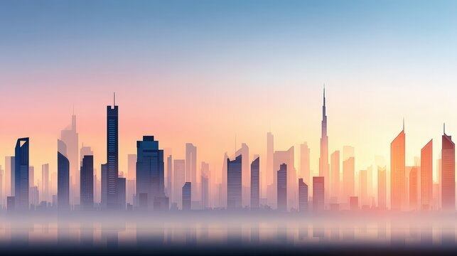 A breathtaking view captures the majestic silhouette of a vibrant cityscape bathed in the soft hues of dawn reflecting on the water below.