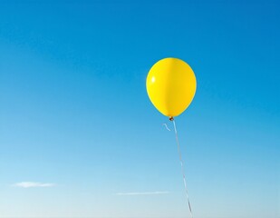 Obraz premium A joyful person stands outdoors, smiling widely while holding a vibrant yellow balloon high above their head, contrasting against a clear blue sky.