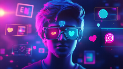Young Individual Immersed in a Vibrant Digital Augmented Reality Experience. A person exploring virtual augmented reality, surrounded by colorful holographic icons illustrating social media.