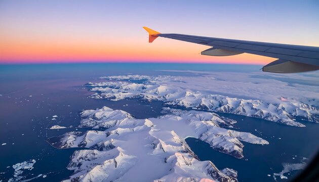 Aerial view of snowy mountains and icebergs from airplane window at dawn