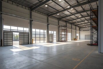Obraz premium Expansive warehouse interior bathed in sunlight ready for your distribution or industrial operations