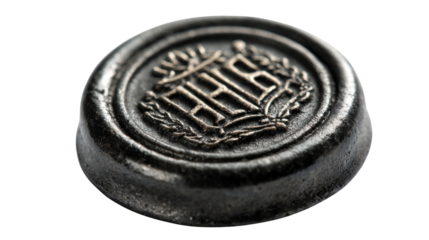 Black wax seal with embossed emblem and decorative monogram on white background