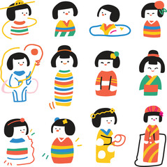 Adorable Japanese Kimono Characters  Cute Hand Drawn Vector People 
