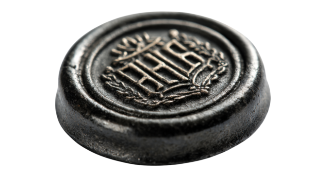 Black wax seal with embossed emblem and decorative monogram on white background
