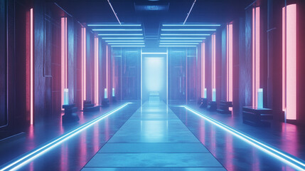 Futuristic Hallway with Neon Blue and Pink Lighting in Modern Style. A minimalist hallway bathed in vibrant neon blue and pink lighting, illustrating a modern futuristic theme.