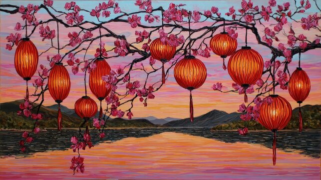 Pink Blossoms And Red Lanterns At Sunset Over River
