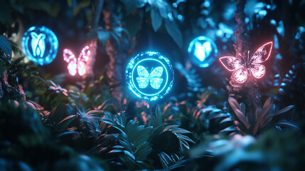 Mystical Neon Butterflies Illuminating a Forest in Electric Blue and Pink Light, creating an enigmatic nature-inspired digital artwork blending beauty, mysticism, and an otherworldly ambiance.