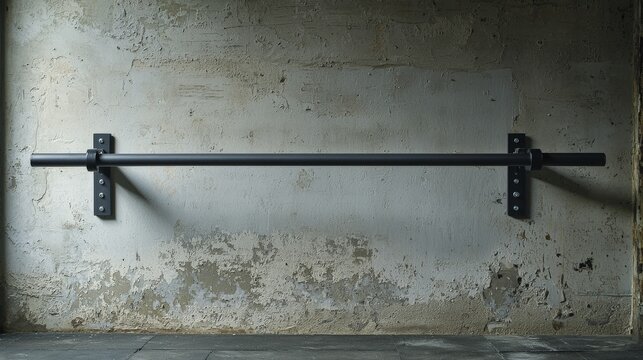 A black pull-up bar mounted on a weathered concrete wall.