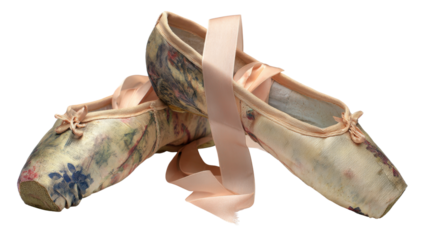 Vintage floral ballet pointe shoes with ribbons on white background