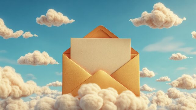 Envelope With Blank Letter Floating Among Fluffy Clouds in a Bright Blue Sky