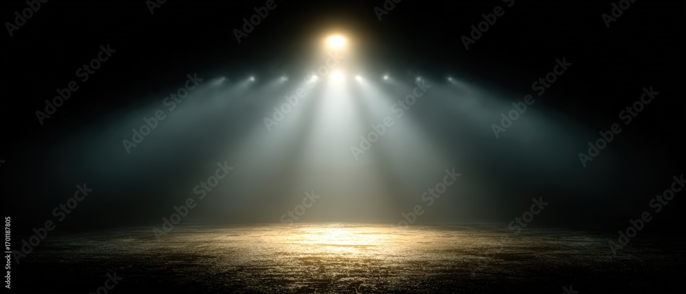 Poster a bright array of spotlights illuminates an empty stage with a textured floor against an otherwise c