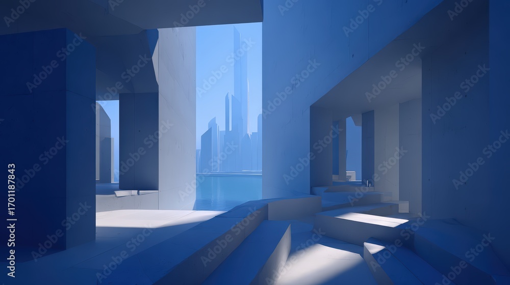 Poster modern architectural visualization displays cool blue city skyline and minimalist structures bathed 