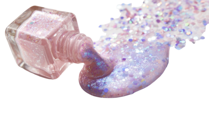 Spilled glitter nail polish on white background