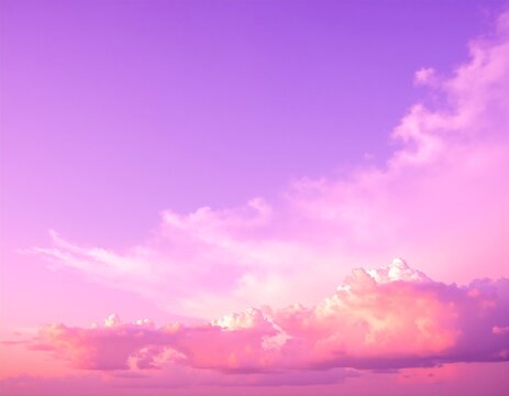 A serene pink sky at dusk, adorned with soft, fluffy clouds that reflect hues of lavender and peach, creating a tranquil and dreamy atmosphere. - Powered by Adobe