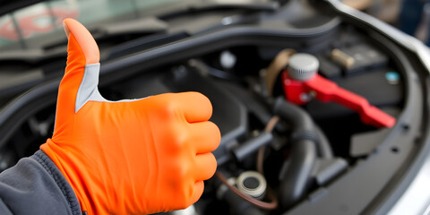 Mechanic gives thumbs up by car engine. Orange, grey glove on hand. Workshop background with tools, auto parts. Pro repairman shows satisfaction with vehicle maintenance. Reliable service, job.