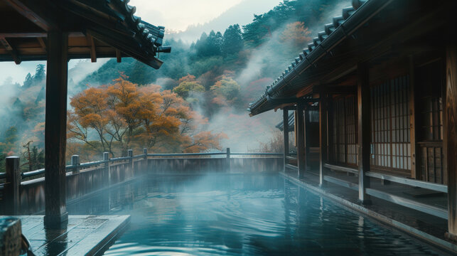 Traditional Japanese onsen outdoor hot spring, wooden architecture, mist rising from water, autumn mountains backdrop, peaceful Zen atmosphere, cinematic style - Powered by Adobe