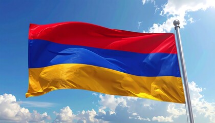 Armenia flag flies with red, blue, gold stripes against a blue sky with some white clouds, bright sunlight