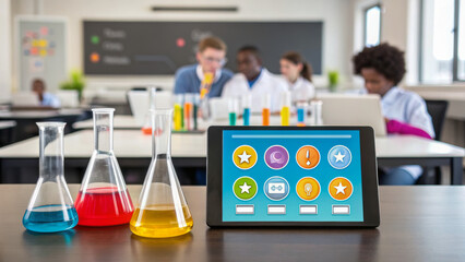 Educational gamification makes learning fun. Laboratory setting with beakers and students engaged in science activities.