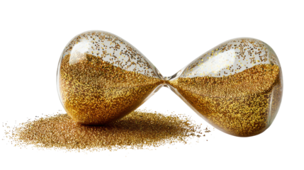 Glass hourglass with golden sand spilling over on white background