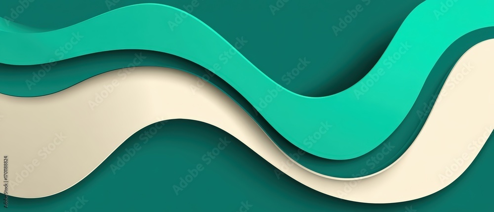 Poster abstract background with layered wavy shapes in shades of teal and beige creating a smooth, flowing,
