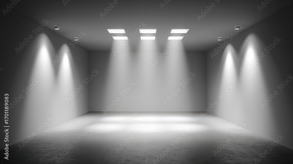 Poster an empty modern room with white walls is illuminated by ceiling spotlights creating a bright and spa