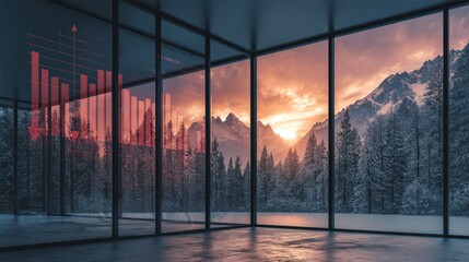 Modern Interior With Snowy Mountain Sunset View