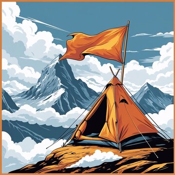 Scenic mountain camping adventure with summit tent and waving flag art