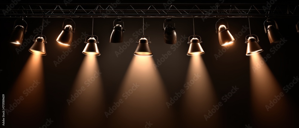 Poster multiple spotlights hanging from a metal grid powerfully illuminate the stage creating a dramatic at
