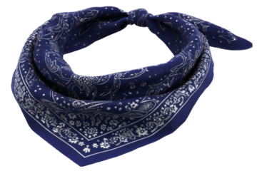 Elegant blue bandana with intricate white paisley pattern, stylish accessory for fashion enthusiasts, perfect for various occasions and outfits