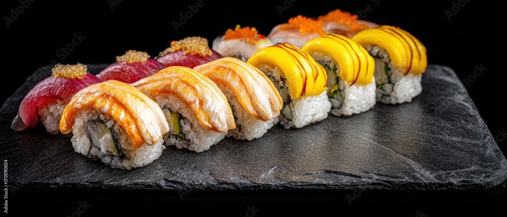 Poster an arrangement of different types of sushi on a black stone plate create an appealing presentation, 