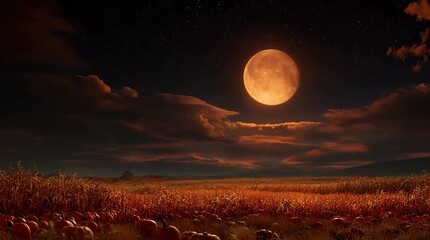 Large orange harvest moon illuminates a field of pumpkins under a dark night sky with stars. Autumnal colors dominate the scene.