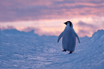 Young emperor penguin chick waddling across icy terrain at dusky twilight