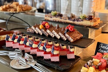 The portions of chocolate, red and different cakes with berries on a black stands