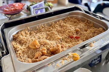 A delicious dish of rice and chicken served on a table