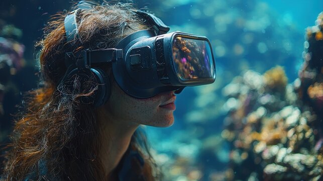 Woman uses VR headset to explore underwater virtual reality ocean world.