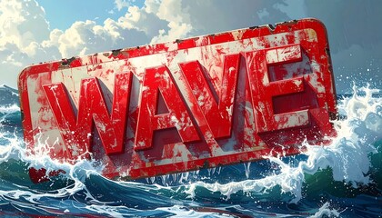 A weathered, rusty red sign proclaiming "WAVE" is buffeted by powerful ocean waves, creating a dramatic seascape.