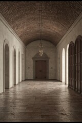 Fototapeta premium Serene Hallway with Arched Windows and Elegant Lighting Fixtures