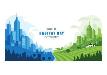 vector illustration of a modern city skyline next to a rural landscape with fields and a road for a World Habitat Day banner on sustainable development.