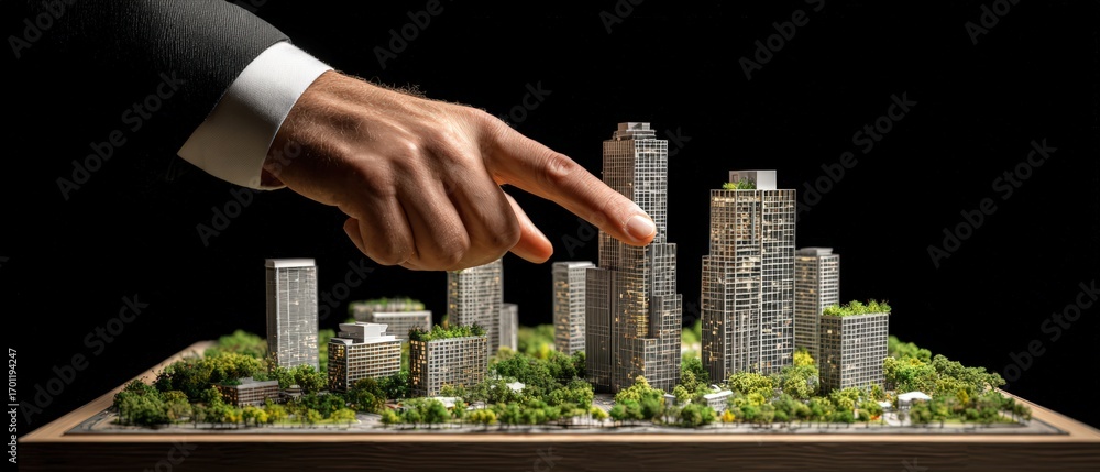 Poster a hand points to a detailed scale model of a modern city with skyscrapers and green spaces against a