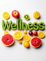 Naklejka premium Wellness label made of vitamins and fruits
