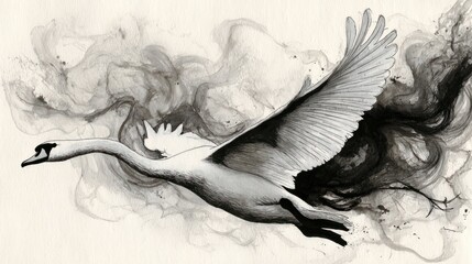 Swan flying through smoke