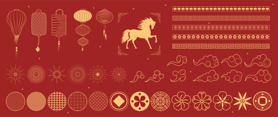 Collection of vector elements for Chinese New Year of the Horse. Hand drawn elements with horse symbol, clouds, wind, lanterns, fireworks, border. Year of the Horse 2026