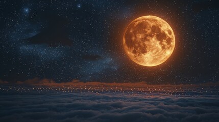 Glowing orange moon rising over a sea of clouds under a starry night sky.