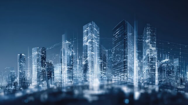 A futuristic cityscape glows with cool blue light highlighting modern skyscrapers and interconnected digital network architecture worldwide.