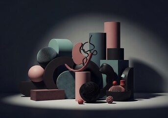 Geometric composition of abstract forms with pastel hues and shadows